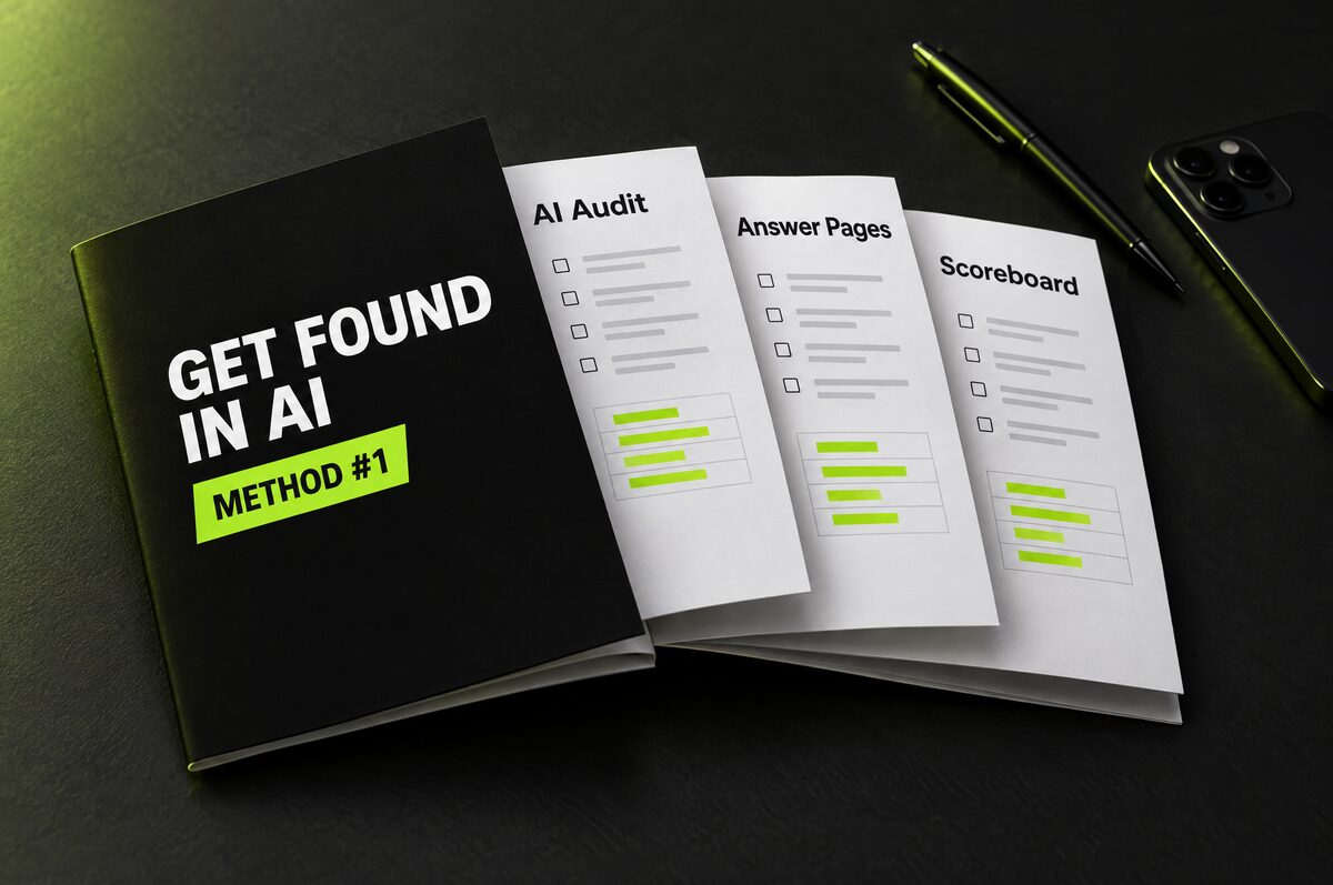 The Get Found in AI playbook, fanned open to its checklists and scoreboard